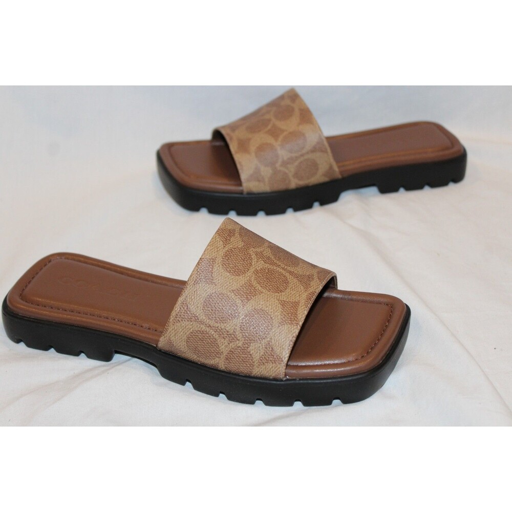 COACH Women Florence Printed C Lug-Sole Slip-On Slide Flat Sandals Khaki Tan 6 - Picture 4 of 6